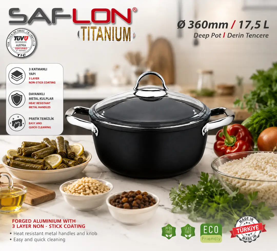 SAFLON Titanyum 36 cm - 17.5 lt  Derin Tencere