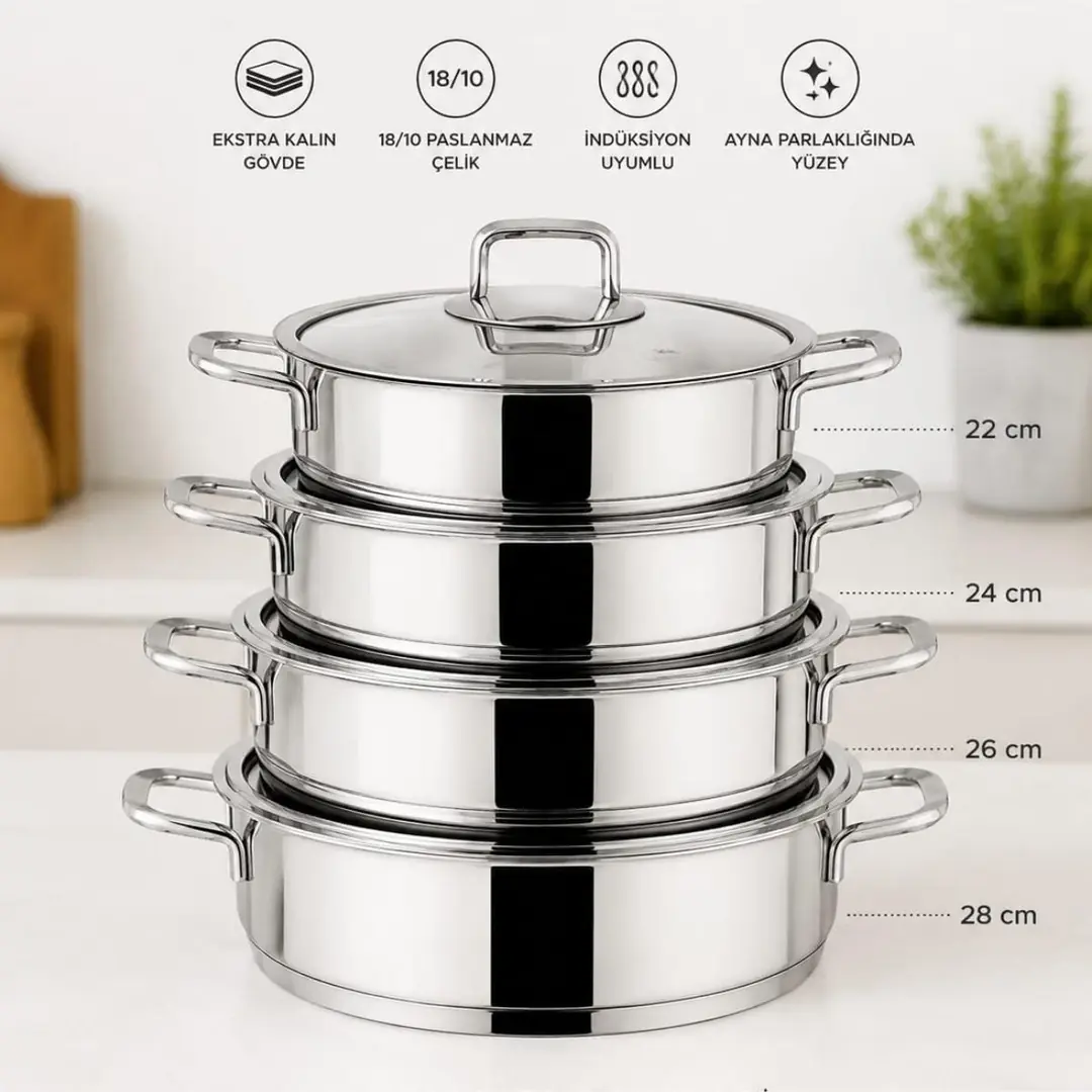 Lines Silver 8 Parça Basık Tencere Seti (22-24-26-28 cm)