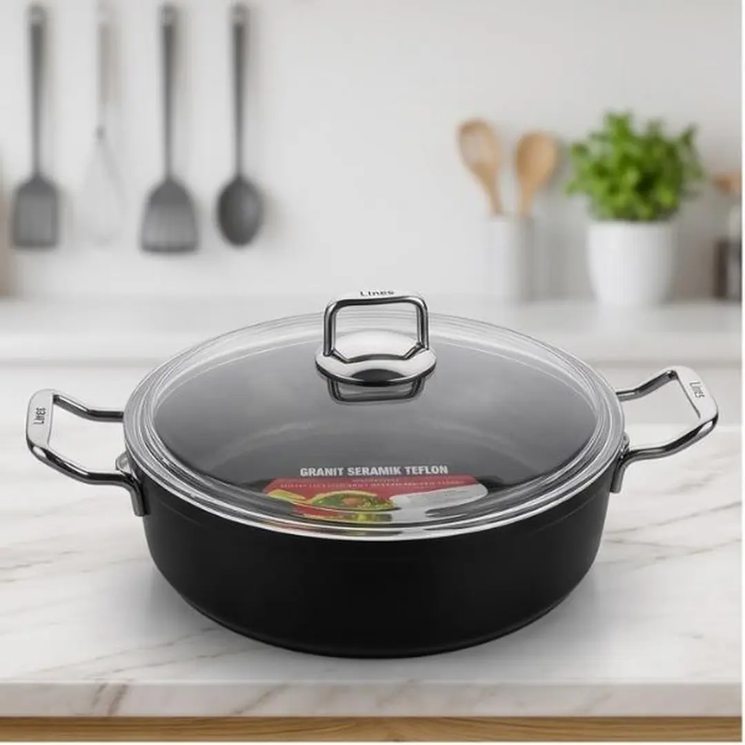 Lines Titanyum 30 cm Basık Tencere – Siyah, Metal Kulp, Pyrex Cam Kapak