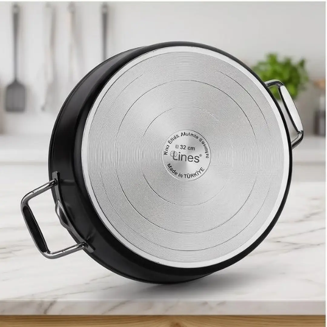 Lines Titanyum 26 cm Basık Tencere – Siyah, Metal Kulp, Pyrex Cam Kapak 3