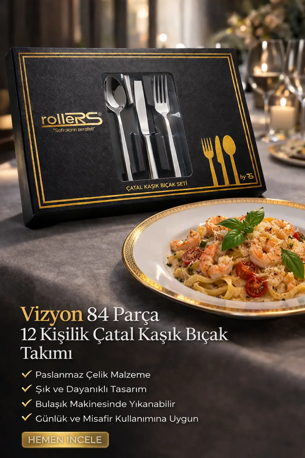 Rollers Vizyon 84 Parça 12 Kişilik Çelik Çatal Kaşık Bıçak Takımı