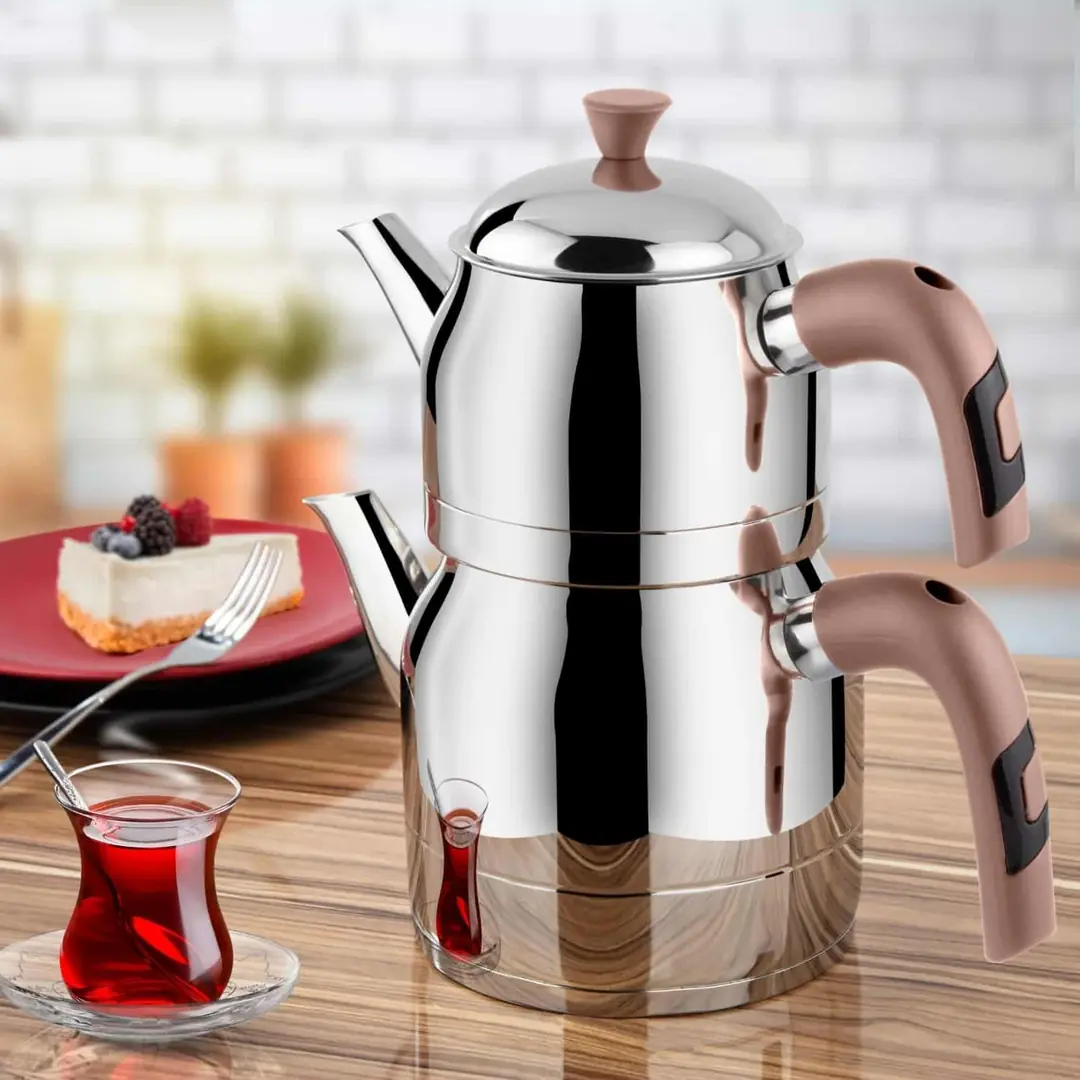 Lines Ayperi Kristal Mini Boy Çelik Çaydanlık Takımı – Bronz Kulp (0,70 Lt / 1,20 Lt)
