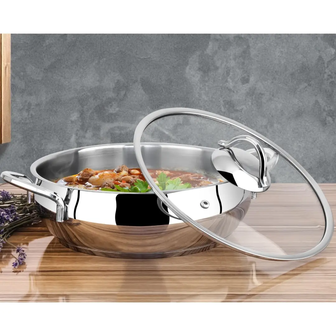 Lines Zeycan 28 cm Basık Çelik Tencere 5,6 Lt – Metal Kulp, Cam Kapak