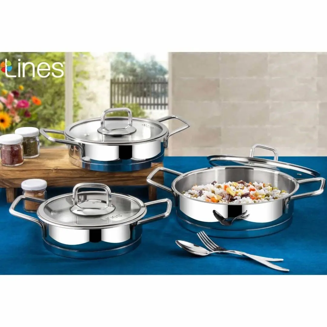Lines Silver 6 Parça Basık Çelik Tencere Seti (18-20-22 cm) – Metal Kulp