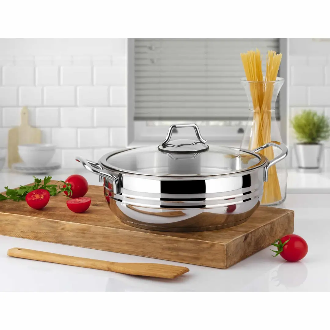 Lines Oscar 32 cm Basık Çelik Tencere 8 Lt – Metal Kulp, Cam Kapak